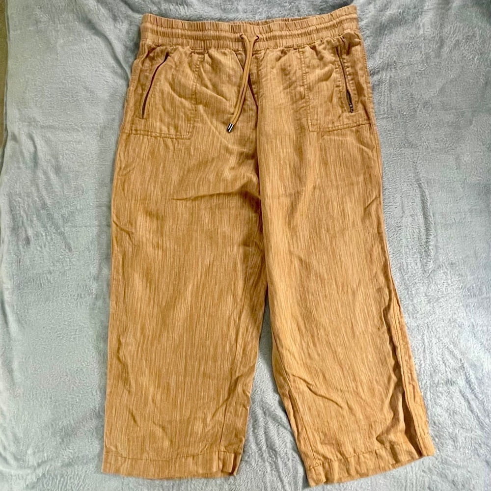 Athleta Cabo Linen Textured Wide‎ Leg Crop Pants Tan Size 22
